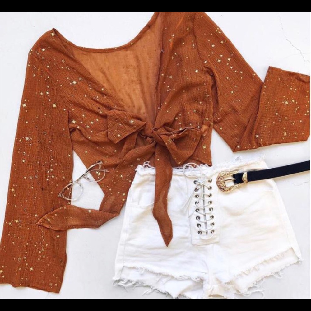 NEW* Cropped Tie Top Burnt Orange With Gold Stars